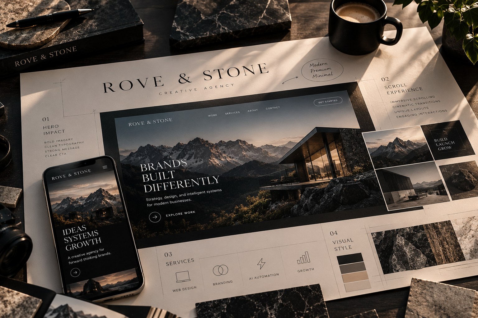 Brand presentation board with desktop and mobile screen mockups, service icons and a colour palette laid out on a desk