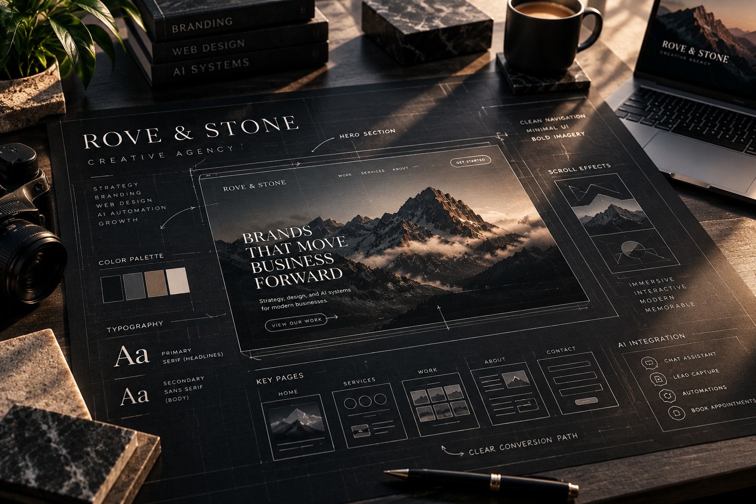 Dark technical specification sheet showing the website hero layout, colour palette, typography and page wireframes