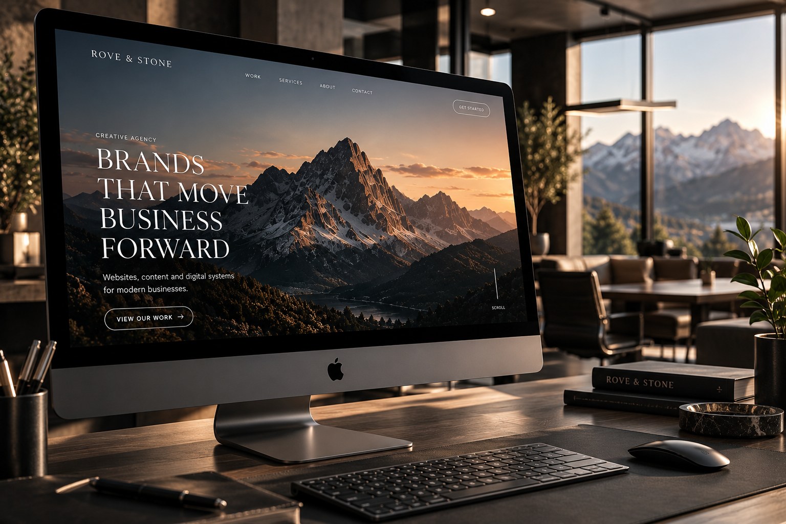 Desktop monitor on a dark desk showing the finished website landing page
